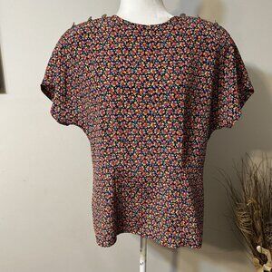 Vtg SK & COMPANY Blouse Multicolor Floral Top Short Sleeve Shoulder Buttons 12